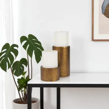 Set of Two Gold Distressed Hammered Metal Tabletop Pillar Candle Holders