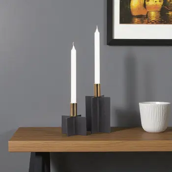 Set of Two Black And Gold Geometric Metal Tabletop Taper Candle Holders