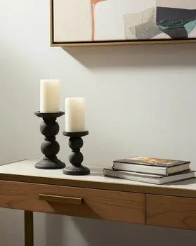 Set of Two Black Wood Abstract Tabletop Candle Holders