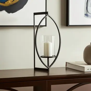 22" Black Geometric Metal And Glass Lantern Candle Holder