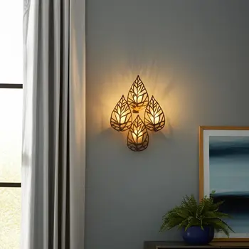 18" Champagne Distressed Botanical Leaf Metal Wall Sconce Candle Holder