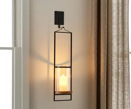 24" Black Distressed Geometric Metal Solid Wood And Glass Wall Sconce Candle Holder