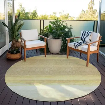 8' Tan Round Striped Washable Indoor Outdoor Area Rug