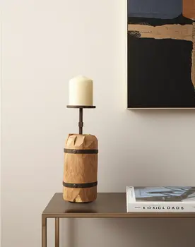 16" Brown Distressed Abstract Solid Wood Tabletop Pillar Candle Holder