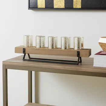 7" Black And Brown Distressed Mirrored Solid Wood Metal And Glass Tabletop Votive Candle Holder