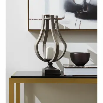 25" Brown Distressed Geometric Solid Wood Metal And Glass Tabletop Hurricane Candle Holder