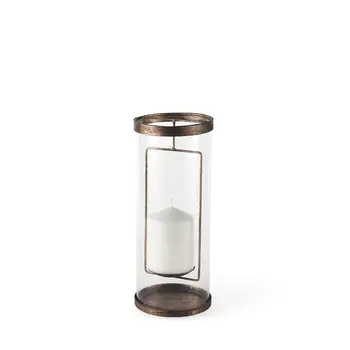 12" Copper Distressed Geometric Metal And Glass Tabletop Hurricane Candle Holder