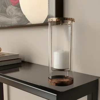 12" Copper Distressed Geometric Metal And Glass Tabletop Hurricane Candle Holder