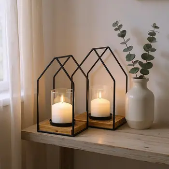 Set of Two Black And Brown Distressed Geometric Metal Tabletop Lantern Candle Holders