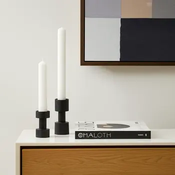 Set of Two Black Distressed Metal Tabletop Pillar Candle Holders