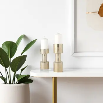 Set of Two Gold Distressed Geometric Metal Tabletop Pillar Candle Holders