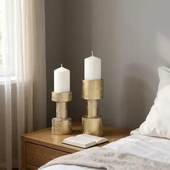 Set of Two Gold Distressed Geometric Metal Tabletop Pillar Candle Holders