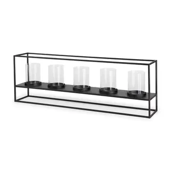 9" Black And Clear Geometric Metal And Glass Tabletop Hurricane Candle Holder