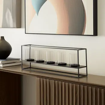 9" Black And Clear Geometric Metal And Glass Tabletop Hurricane Candle Holder