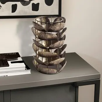 10" Bronze Distressed Botanical Leaf Metal Tabletop Hurricane Candle Holder