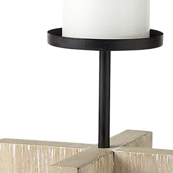12" Black Distressed Geometric Solid Wood And Metal Tabletop Pillar Candle Holder