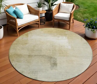 8' Wheat Round Striped Washable Indoor Outdoor Area Rug