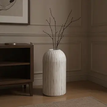 16" Gray And White Striped Cylinder Ceramic Floor Vase