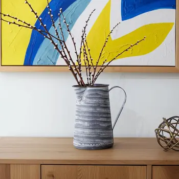 8" Gray And White Striped Metal Jug Vase