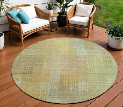 8' Beige Round Geometric Washable Indoor Outdoor Area Rug