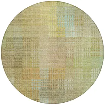 8' Beige Round Geometric Washable Indoor Outdoor Area Rug