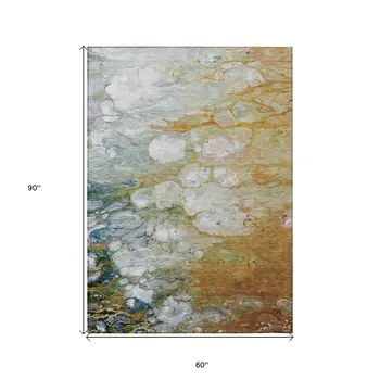 5' X 8' Orange Abstract Washable Indoor Outdoor Area Rug