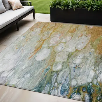 5' X 8' Orange Abstract Washable Indoor Outdoor Area Rug