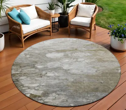 8' Taupe Round Abstract Washable Indoor Outdoor Area Rug