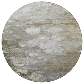 8' Taupe Round Abstract Washable Indoor Outdoor Area Rug
