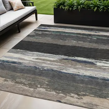 5' X 8' Black Abstract Washable Indoor Outdoor Area Rug