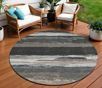 8' Black Round Abstract Washable Indoor Outdoor Area Rug