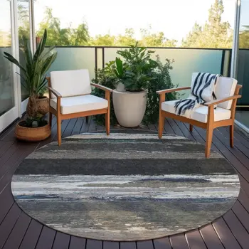 8' Black Round Abstract Washable Indoor Outdoor Area Rug