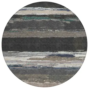 8' Black Round Abstract Washable Indoor Outdoor Area Rug