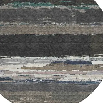 8' Black Round Abstract Washable Indoor Outdoor Area Rug
