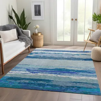 3' X 5' Blue Abstract Washable Indoor Outdoor Area Rug