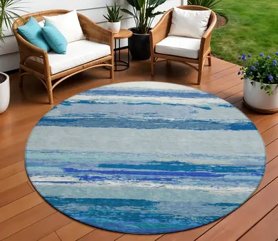 8' Blue Round Abstract Washable Indoor Outdoor Area Rug