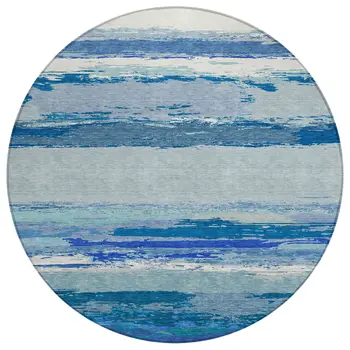 8' Blue Round Abstract Washable Indoor Outdoor Area Rug