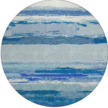 8' Blue Round Abstract Washable Indoor Outdoor Area Rug