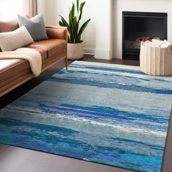 9' X 12' Blue Abstract Washable Indoor Outdoor Area Rug