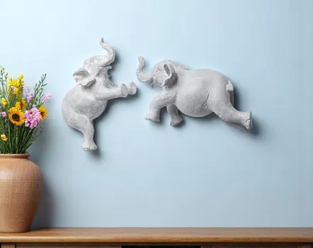 Set of Two Gray Elephant Resin Hanging Dimensional Sculpture