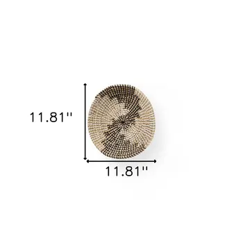 12" X 12" Black Light Brown And White Abstract Geometric Seagrass Circle Hanging Dimensional Sculpture