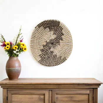 12" X 12" Black Light Brown And White Abstract Geometric Seagrass Circle Hanging Dimensional Sculpture