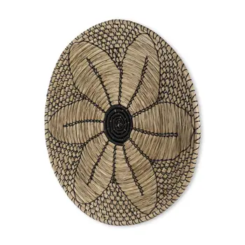 24" X 24" Black And Light Brown Floral Seagrass Circle Hanging Dimensional Sculpture