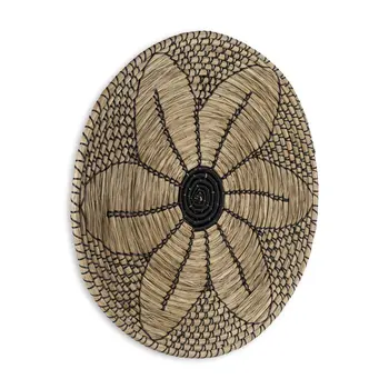 24" X 24" Black And Light Brown Floral Seagrass Circle Hanging Dimensional Sculpture