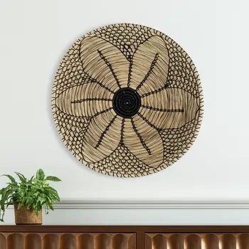 24" X 24" Black And Light Brown Floral Seagrass Circle Hanging Dimensional Sculpture