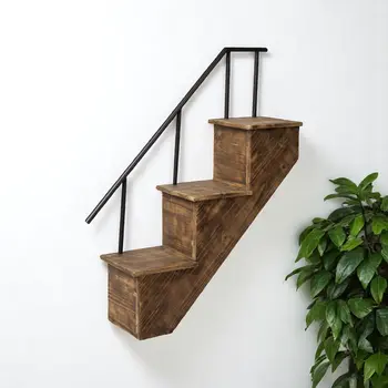 11" Brown Metal And Solid Wood Novelty Wall Mounted Accent Shelf