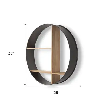 36" Black And Brown Metal And Wood Circular Multi Tier Shelf