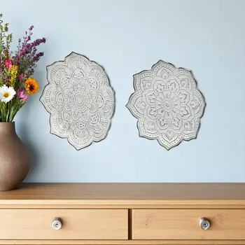 Set of Two Silver Flower Mandala Metal Hanging Dimensional Sculpture