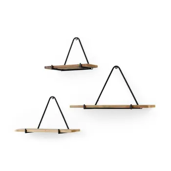 Set Of Three Black And Brown Metal And Solid Wood Triangle Wall Mounted Accent Shelves