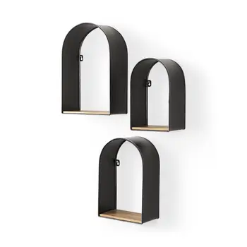 Set Of Three Black And Brown Metal And Solid Wood Arched Wall Mounted Accent Shelf